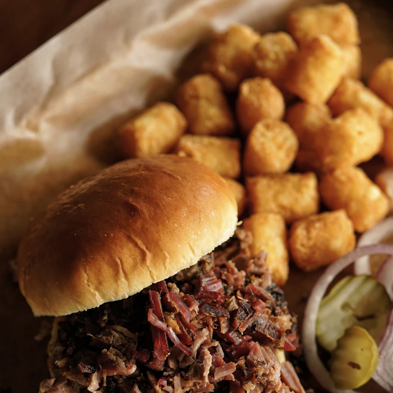 A pulled pork sandwich with tater tots